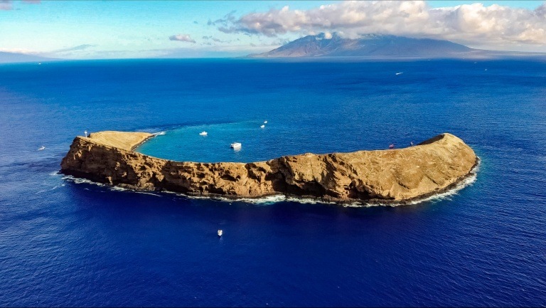 Aerial Helicopter View of Molokini Crater Maui