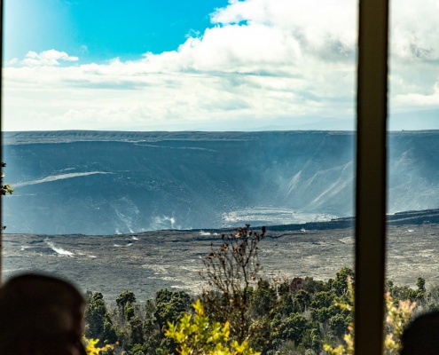Sweeping views of the caldera are seen through the windows of Volcano House Lodge