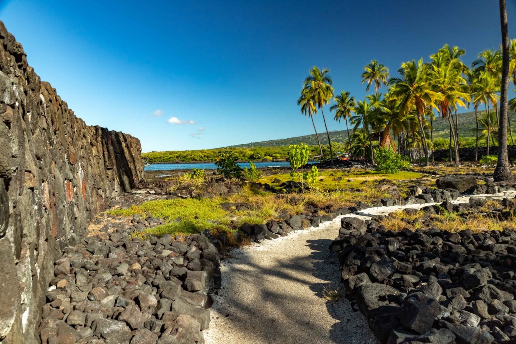 Ala Kahaki Trail and Stone Wall at Pu'uhonua O Honuanua Heiau National Historical Site Big Island Hawaii