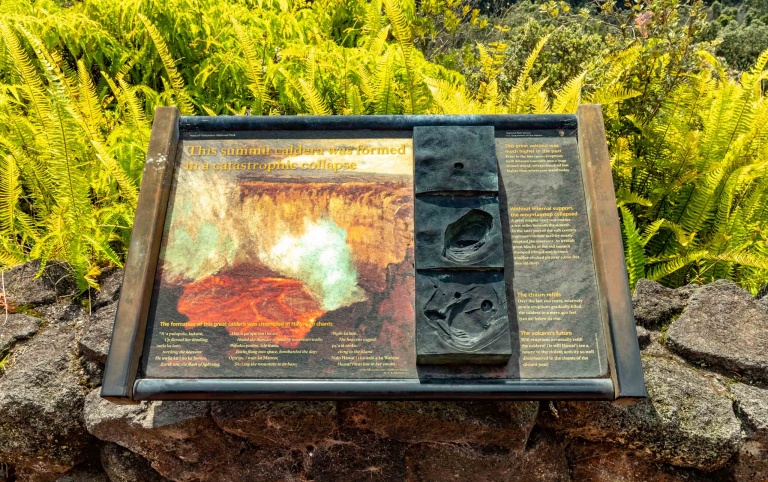 Interpretive Sign of Kilauea Caldera at Volcanoes National Park Big Island Hawaii