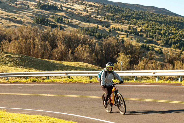 haleakala crater road bike rider and beautiful view along the roadside 